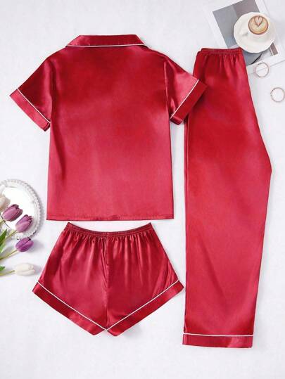 LuxeNights Set Women Contrast Solid Faux Zijden Collar Sleepwear Rood Pajama view 2
