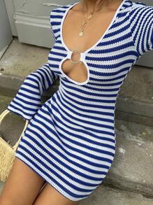 Lyxana Women's Casual Vacation Striped Knit Fabric Hollow A-Line Flare Long Sleeve Mini Dress, Autumn/Winter Fall Cloth For Women - Blue and White - View 4