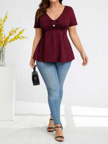 Rometta Plus Size Plain V-Neck Ruffle Hem Short Sleeve Casual T-Shirt, Summer, For Thanksgiving