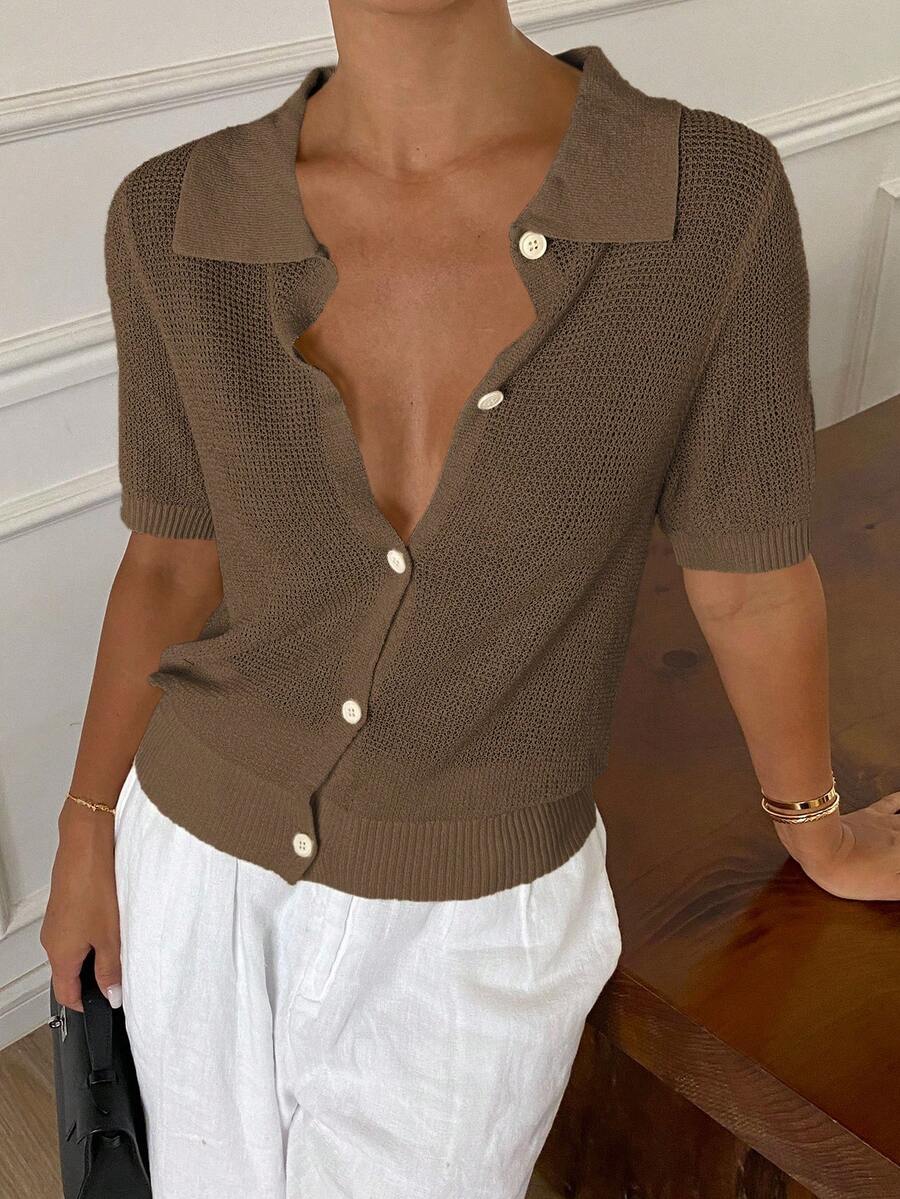 Livesso Women's Summer Polo Collar Short Sleeve Knit Top - Brown - View 1