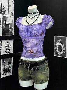 EgrlEra 复古性感修身女式泡泡袖T恤，方领，丝带和网眼拼布 - 淡紫色 - 查看 3
