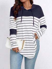 EMERY ROSE Camiseta de manga larga con capucha, bloques de color y rayas, con cordón, gráfica, para mujer, tallas grandes, para primavera y otoño - Azul Marino - Ver 5
