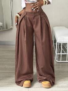 Coolane Women's Fall/Winter Cool Girl Vintage Casual Streetwear Going Out Oversized Brown Curved Hem Pants Pants Striped Cargo Pants - Brown - View 4