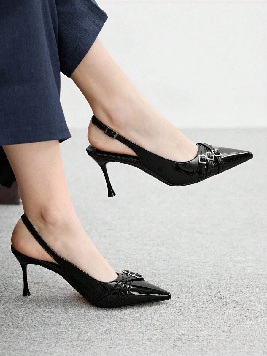 CUCCOO BIZCHIC Zapatos de tacón alto de mula de mujer con punta afilada, tacón de aguja, correa trasera negra, correas múltiples, moda versátil para ir al trabajo