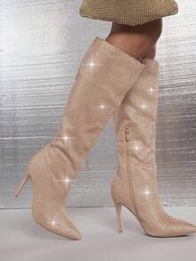 SHUZIA Rhinestone Closed Toe Over-the-Knee Sock Boots - Champagne - View 2