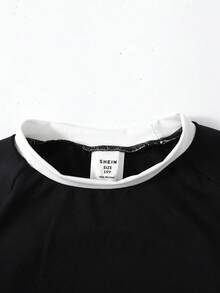 SHEIN 青少年女孩休闲运动镂空后背双色短袖短款上衣和配套双色裤子套装 - 黑色 - 查看 4