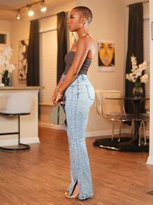 SHEIN BamGlam Quần Jeans Ống Loe Thường Ngày Có Túi Và Viền Xẻ Cho Nữ - Màu xanh lam - Xem 5