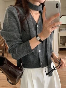 DAZY 女式 V 领系带休闲长袖开衫 - 灰色 - 查看 2