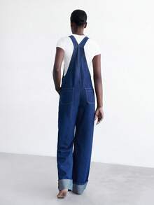 Maija 女士深蓝色卷边牛仔工装裤，复古青春，秋季休闲出门装 - 深色水洗藍 - 查看 2