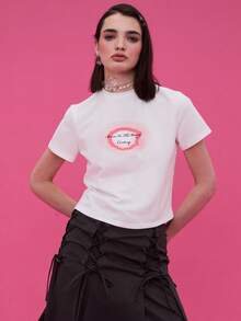 COUREZ Shrunken Short Sleeve Tee With Airbrush Print /Y2K  Women Clothes  Clothes Cute Tops Graphic Tees Going Out Top Spring Clothes - White - View 2