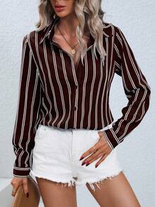 EMERY ROSE Camisa de manga larga con botones y rayas para mujer, adecuada para ir al trabajo en otoño - Café integral - Ver 3