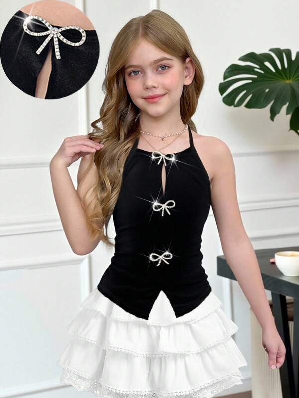SHEIN Serisse Kids Tween Girl Black Knit Rhinestone Bow Decor Slit Halter Neck Chic Tank Top, Y2K, Back To School, Mommy And Me Matching