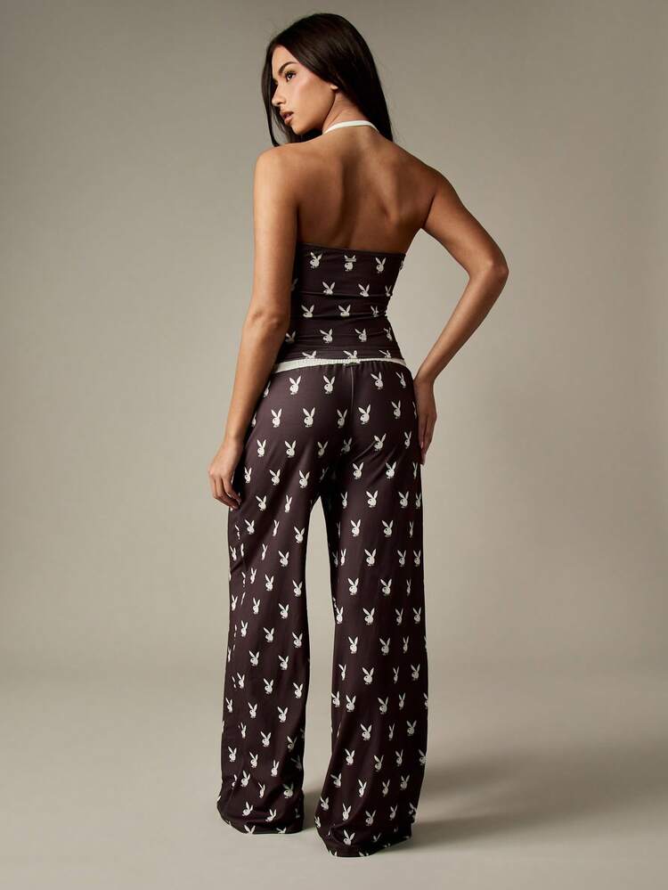 Missguided x Playboy ホルターネックトップスとワイドレッグパンツのバニープリントセット