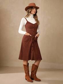 Wildy 雙口袋前紐扣背帶洋裝無毛衣 - 鏽棕色 - 查看 4