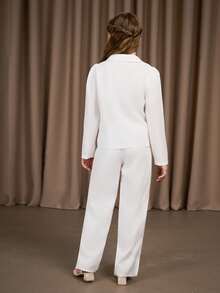 SHEIN Girls' Blazer Suit Set, White Handcrafted Crystal Decor Blazer & Pants, Elegant Everyday Wear & Commute Fall Winter