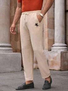 HIMLAND Men's Casual Ice Silk Crinkle Horse Print Mid-Waist Drawstring Tapered Pants, For Fall