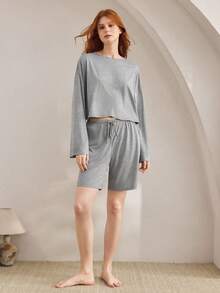 Ocili 2 Peças Conjunto de Pijama Feminino com Top de Manga Longa de Gola Redonda e Calça, Feito de Fibra de Bambu Macia e Elástica, Roupas de Outono