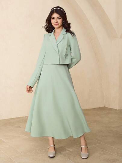 优雅时尚优雅简约西装领长袖短款宽松蝴蝶结西装外套搭配高腰长款纯色裙套装，适合少女返校、毕业、圣诞节、万圣节派对