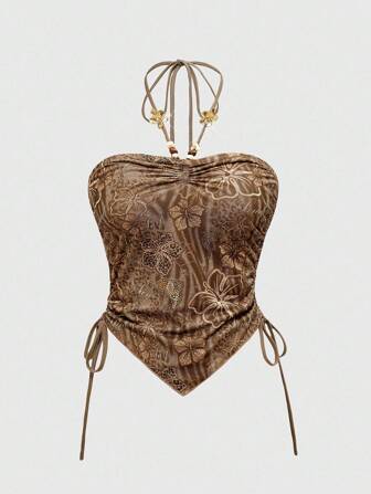 J-Fashion Top halter de malla con cuentas con estampado de leopardo, delfines y flores de hibisco estilo Y2K para vacaciones