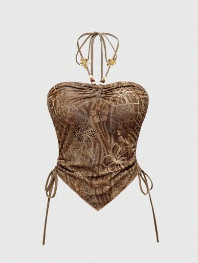 J-Fashion Y2K Vacation Hawaiian Dolphin & Hibiscus Leopard Print Beaded Mesh Halter Top