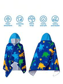 Discovery X SHEIN Toalla de baño con capucha azul con diseño de dinosaurio de dibujos animados para bebé, súper absorbente de microfibra, cálida y sin pelusa, adecuada para niños de 2 a 6 años, versátil para bañarse, nadar, playa, baño