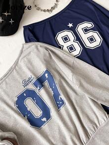 Tricou casual pentru adolescente cu guler asimetric și imprimeu numeric, toamnă/primăvară