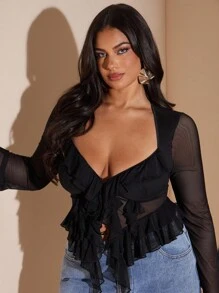 SHEIN BAE Damen Große Größen Schwarze Mesh Rüschen Bluse, Abschluss, Club, Sexy, Frühling, Sommer, Urlaubsnacht, Geburtstag, Hochzeit, Urlaub, Konzert/Frühherbst/Schulanfang/Ausgehen/Festival - Schwarz - Übersicht 5