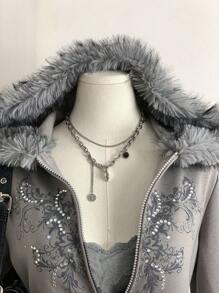 Comfortcana Grey Sweatshirt Halloween Gothic Women's Rhinestone & Faux Fur Collar Sweatshirt Zip Up Sweatshirt Grey Sweatshirt For Women, Fall, Zip Up Sweatshirt Women - Grey - View 3