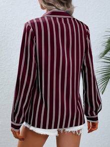 EMERY ROSE Women's Striped Button-Front Long Sleeve Shirt, Suitable For Commuting In Autumn Fall Cloth For Women - Red Violet - View 2