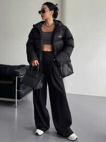 DAZY 休闲字母印花连帽宽松女士棉服外套冬季夹克 - 黑色 - 查看 6