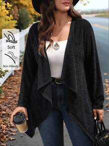 SHEIN CURVE+ 大码女式纯色长袖开襟休闲宽松夹克，大码秋装，女式冬装，商务休闲女装，女士优雅服装，适合时尚日常穿着 - 黑色 - 查看 7