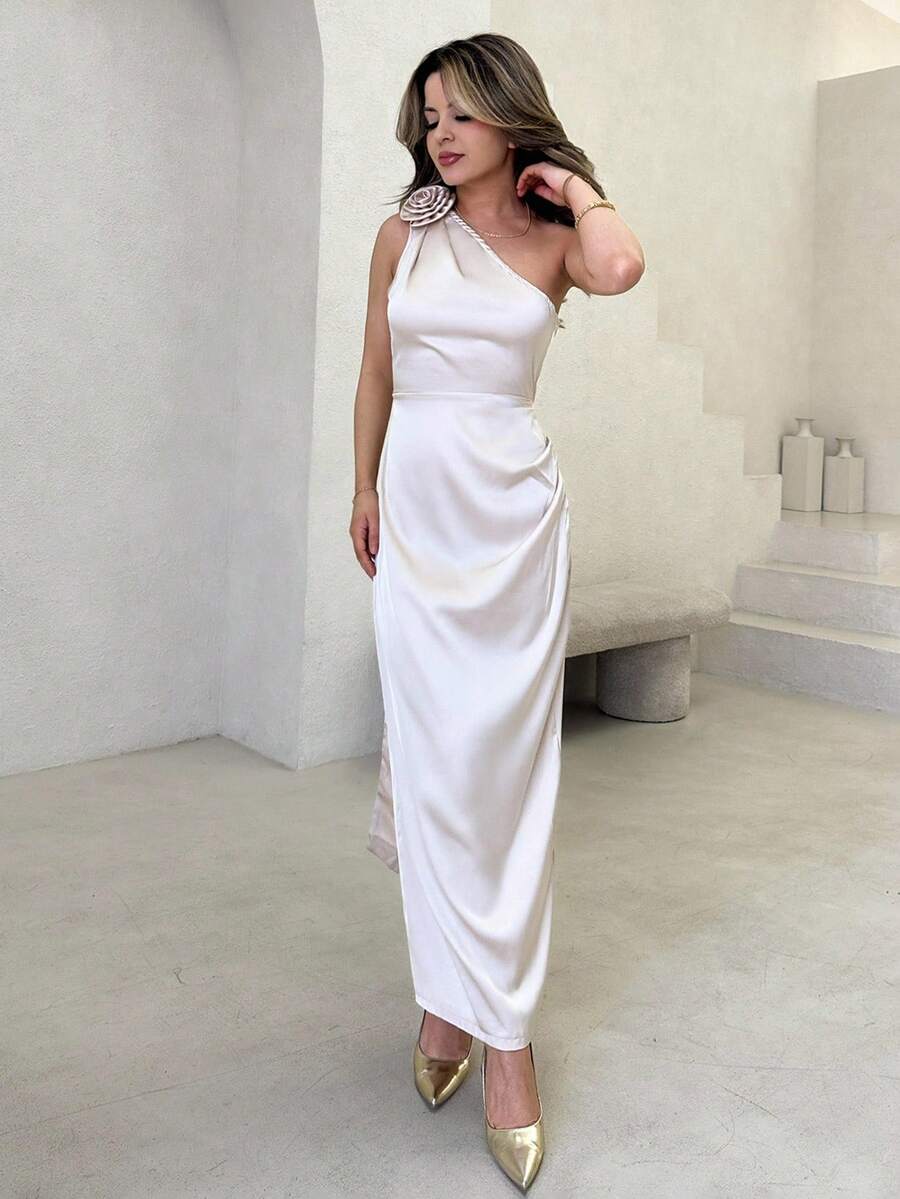 Jemour Elegantes & Sexy Französisches Satinband Schräger Schulter Ausschnitt 3D Blumen Taille Geraffter Volant Figurbetontes Bodycon Kleid - Aprikosenfarben - Übersicht 1