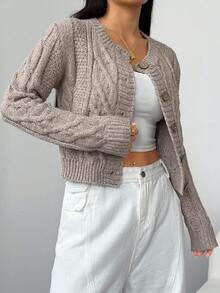 SHEIN PETITE Women's Loose Fit Solid Color Crew Neck Long Sleeve Cardigan, Suitable For Vacation Knit Cardigan Brown Cardigan Cardigan Sweater Cable Knit Cardigan Cropped Cardigan In Fall/Winter