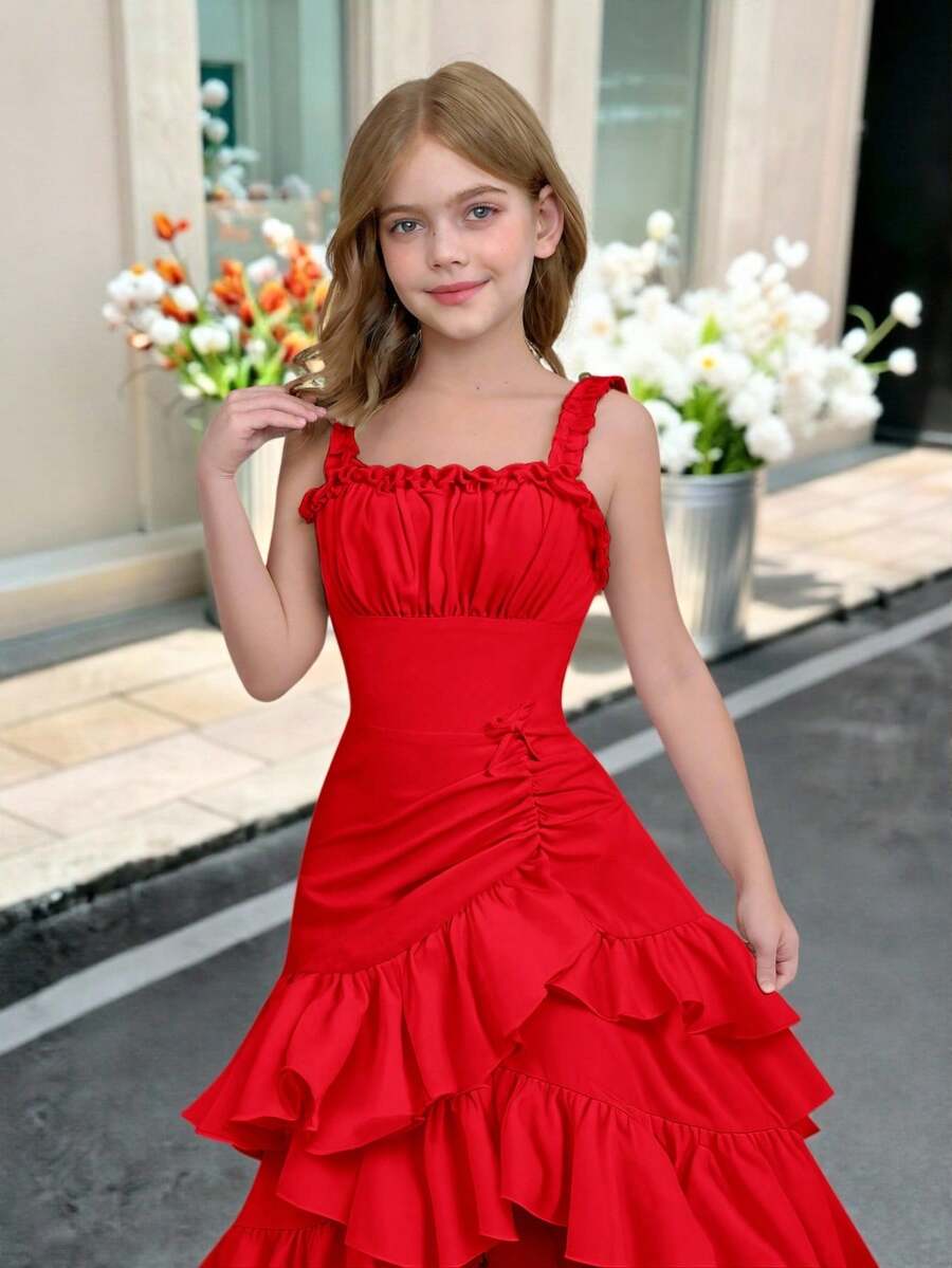 SHEIN Đầm thanh lịch xếp ly ngực nhiều lớp không đối xứng nhún bèo eo cho bé gái tuổi mới lớn, Đầm tiên, Đi chơi mùa xuân - Đỏ - Xem 1