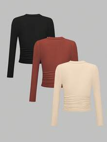 Qadelle Solid Color Pleated Ribbed Slim Fit Casual Long Sleeve T-Shirt Fall Cloth For Women - Multicolor - View 2