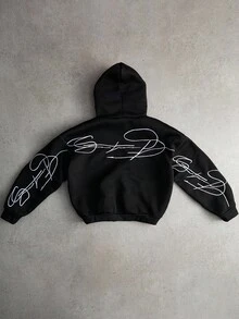 PAVTROS Manfinity Streetrush Men's Creative Text Graphic Embroidered Thermal Lined Metal Zipper Hoodie, Zip Up Hoodie, Streetwear, Black , 2000s Style , Fall Winter, Long Sleeve Top - Black - View 2