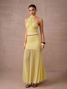 Lumalex Trang phục Thu Đông kín đáo, sang trọng, lấp lánh, dự tiệc, lễ hội, đi chơi, nghỉ dưỡng, phong cách Bohemian, BOHO, ngoài trời, nhiều lớp, mùa cưới, tiệc chiêu đãi, lễ trưởng thành. Bộ 2 món gồm váy lưới dáng suông cổ yếm và ôm sát eo thấp màu vàng dành cho nữ. Bộ hai mảnh màu vàng, bộ váy hai mảnh màu vàng bơ, sang trọng, dự tiệc prom, Giáng sinh và Năm mới. - Màu vàng - Xem 7