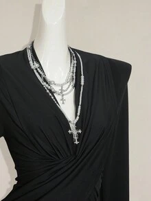 SHEIN ICON Women's Black Deep Draped Neck Criss-Cross Ruffle Trim Long Sleeve Sexy Slim Fit Blouse, Spring/Summer - Black - View 7