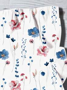 EMERY ROSE Camisa de mujer con cuello en V y patrón floral retro casual, adecuada para el verano - Azul - Ver 4