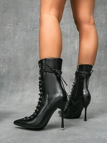 CUCCOO SZL Women's Lace-Up Black High Heel Mid-Calf Boots For Christmas - Black - View 6