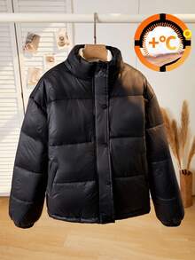 Teen Girl Casual Thickened Padded Coat,Black Winter Streetwear,Resin Zipper,Black Buttons,Simple Fabric,Oblique Pockets,Suitable For Commuting,Travel - Black - View 4