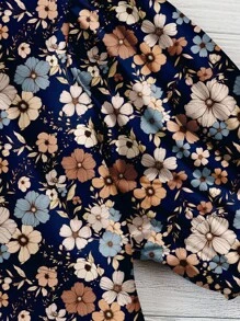 SHEIN LUNE 女士休闲复古花卉图案方领印花衬衫，适合春夏季度假 - 藏蓝色 - 查看 3