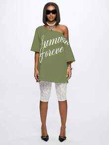 SUMWON WOMEN Off Shoulder Mini Dress Oversized T-Shirt Style Summer Spring Relaxed Fit Loungewear Statement Text Graphic Streetwear Casual Loose Comfortable - Dark Green - View 6