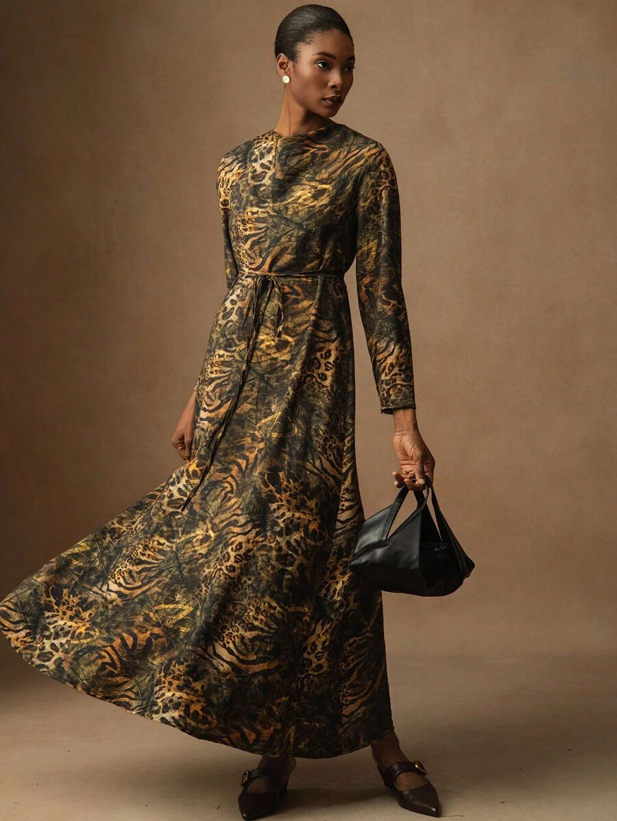 Lyxana Women's Elegant Leopard Print Midi Dress Fall Cloth For Women - Multicolor - View 1