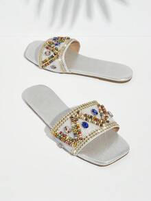 SHUZIA Sandalias planas para mujer, decoradas con cuentas de arroz de colores y pedrería a la moda - Plateado - Ver 4