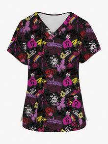PopScrub Plus Size Women V-Neck Short Sleeve Nurse Uniform,Cartoon Colorful Graffiti Print Work Clothes,Multi-Pocket Functional Smock Top,Doctor Lab Work Tops - Multicolor - View 3