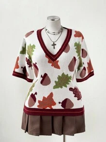 Sunspun Women Plus Knitted Leaf Pattern Short Sleeve Knit Top, New Autumn/Winter Design, Fall Top - Multicolor - View 5