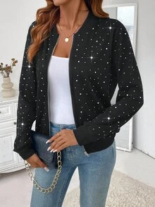 EMERY ROSE Women's Elegant Rhinestone Embellished Casual Baseball Jacket, Autumn/Winter - Black - View 5