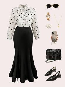 SHEIN Clasi Plus Size Women's Polka Dot Tie Bow Splice Solid Color Split Fishtail Maxi Elegant Dress Fall Cloth For Women - Black - View 1