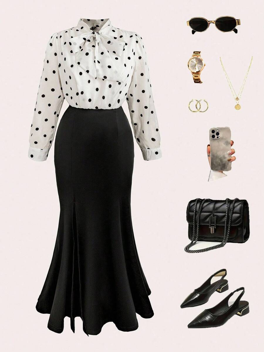 SHEIN Clasi Plus Size Women's Polka Dot Tie Bow Splice Solid Color Split Fishtail Maxi Elegant Dress Fall Cloth For Women - Black - View 1